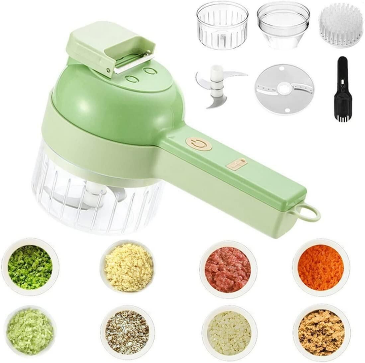 Green manual food chopper with attachments and chopped ingredients on a white background