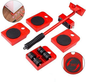Red furniture mover lifter with black rollers on a white background