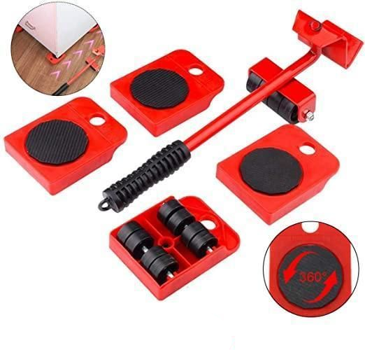 Red furniture mover lifter with black rollers on a white background