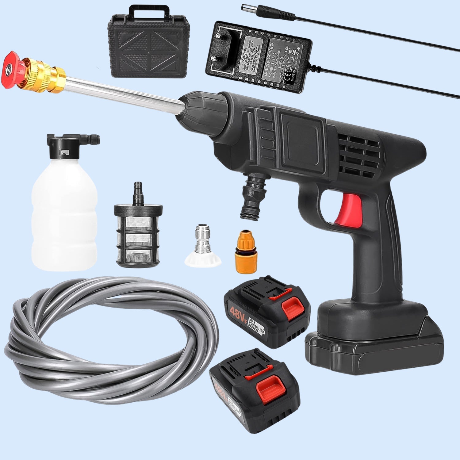 48v car washer gun kit with power cord, hose, and accessories for effective cleaning
