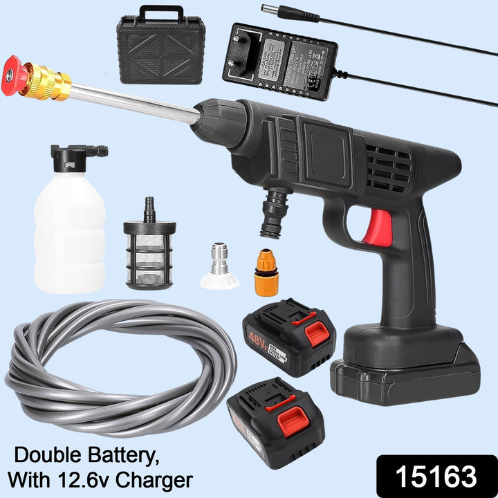 48v car washer gun with double battery and accessories including charger, hose, and nozzles