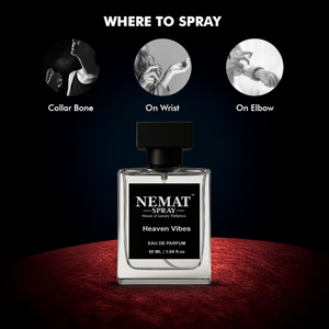 Nemat Heaven Vibes perfume bottle on red velvet with a guide for spraying on the collar bone, wrist, and elbow.