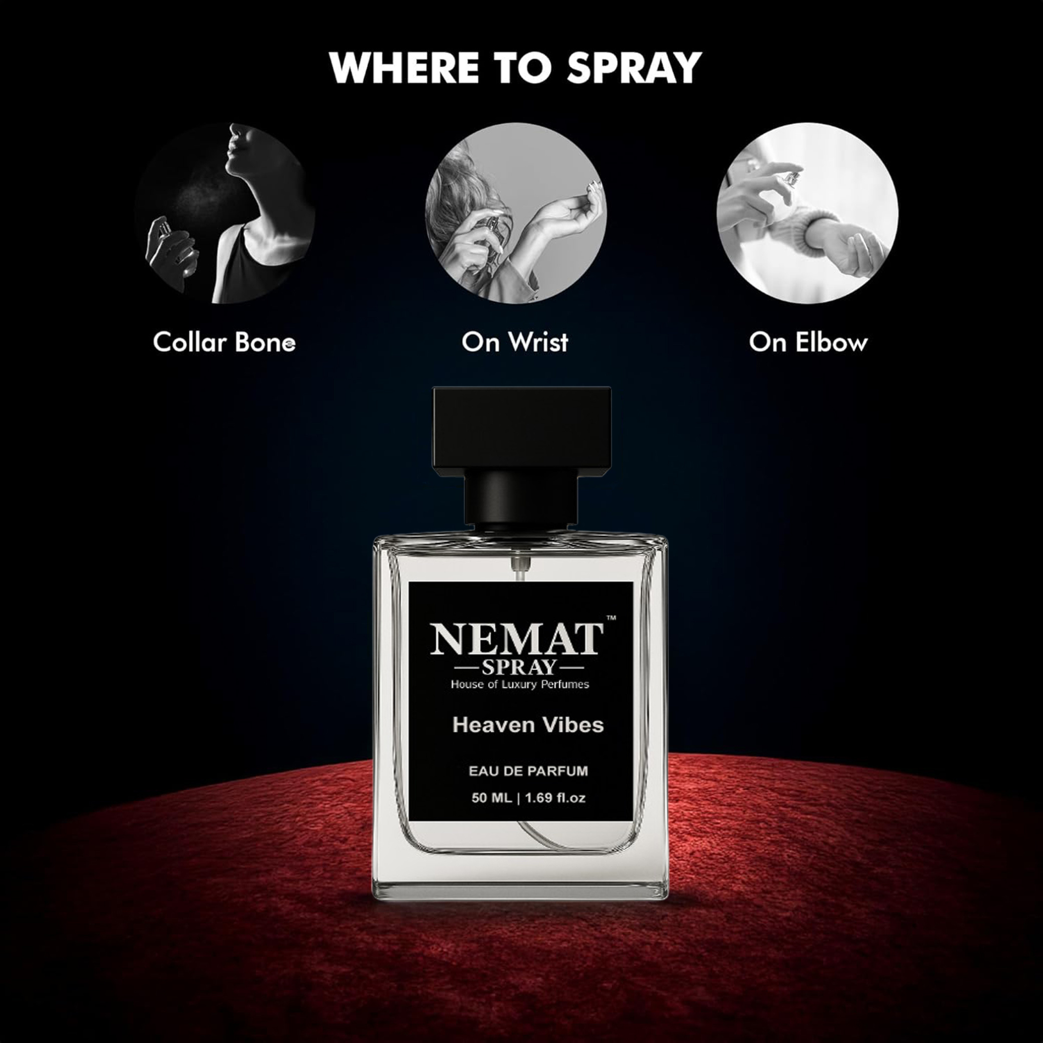 Nemat Heaven Vibes perfume bottle on red velvet with a guide for spraying on the collar bone, wrist, and elbow.