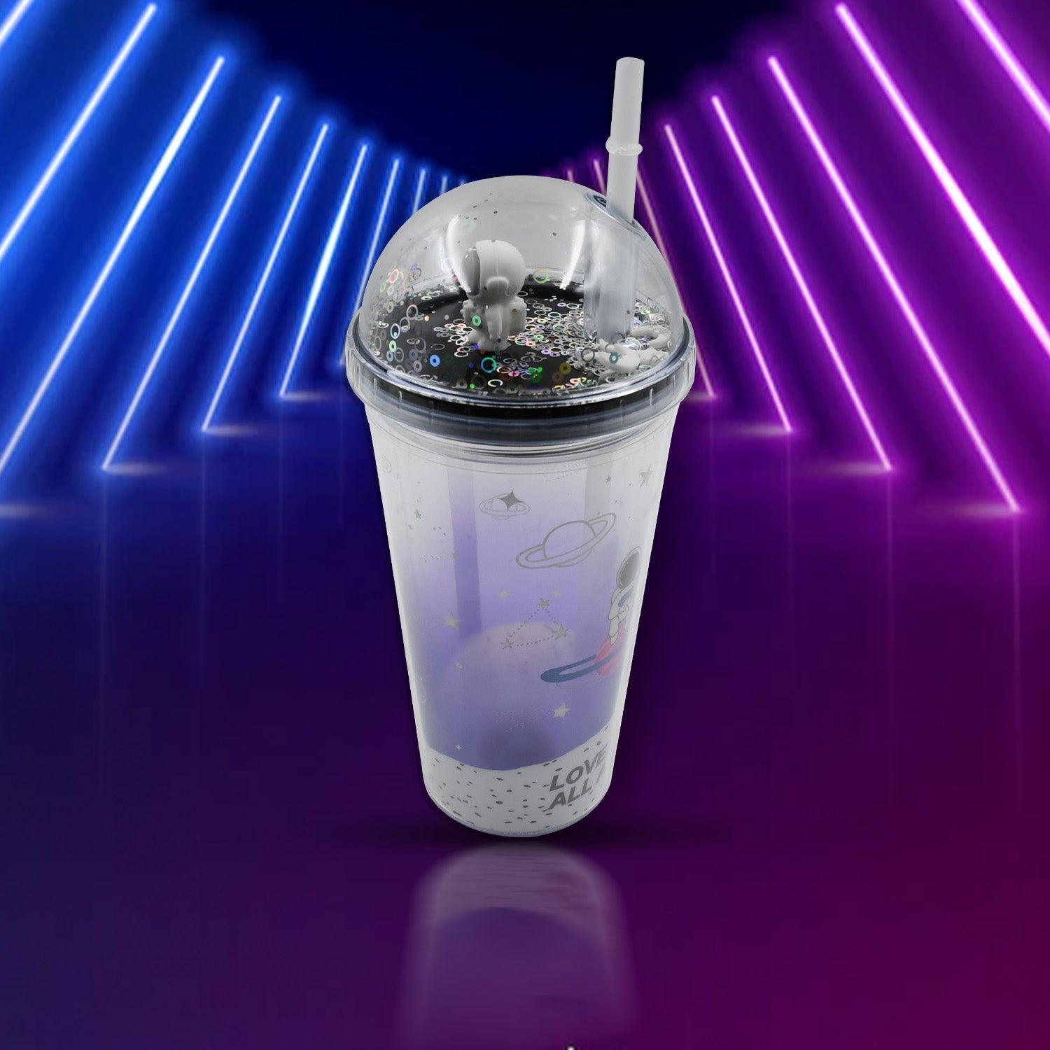 Space-themed insulated tumbler with LED light, straw included