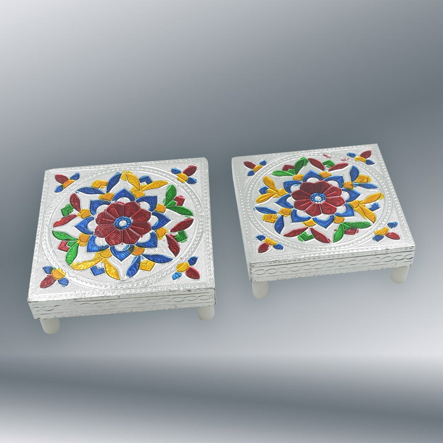 2 Pc Meenakari Wooden Chowki & Bajot Set: For Home & Office Puja (Multicolor) - 2563_silver_bajot_2pc_set