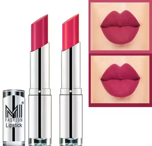 Two lipsticks with silver casings and a close-up of lips wearing the lipstick on a white background.
