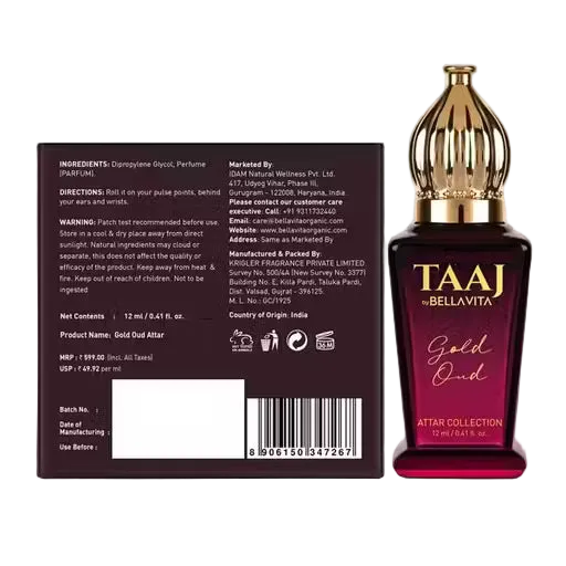 BELLAVITA TAAJ Gold Oud Attar|Unisex Non-Alcoholic Roll-On Attar|With Rose & Oud Notes| Floral Attar  (Oud (agarwood))