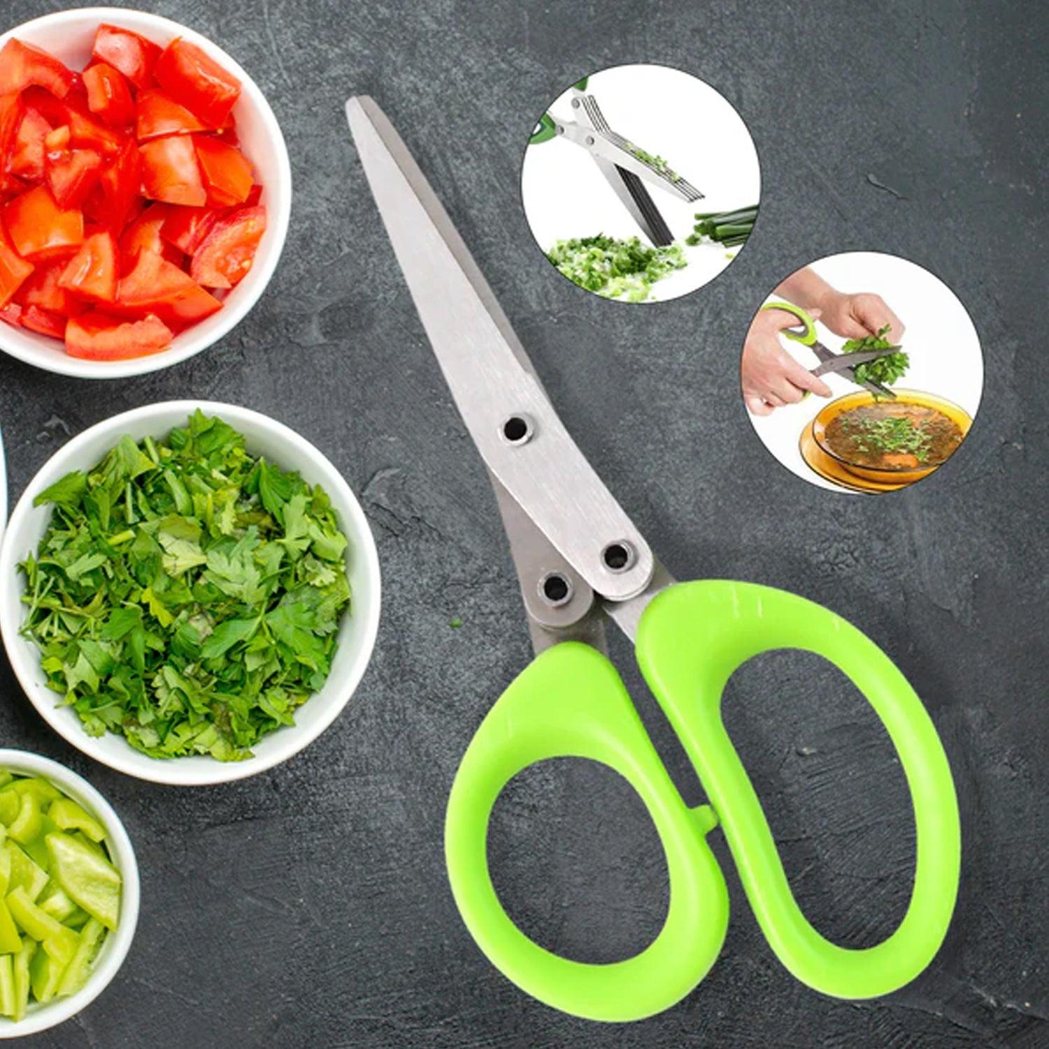 5-blade kitchen scissors with green handles, ideal for slicing herbs and vegetables in the kitchen