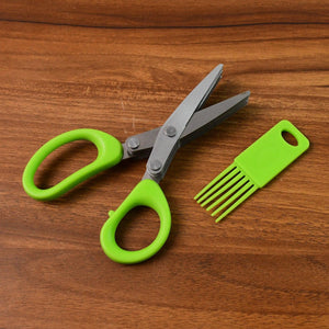 5-blade kitchen scissors with ergonomic handles and included cleaning comb for easy food preparation