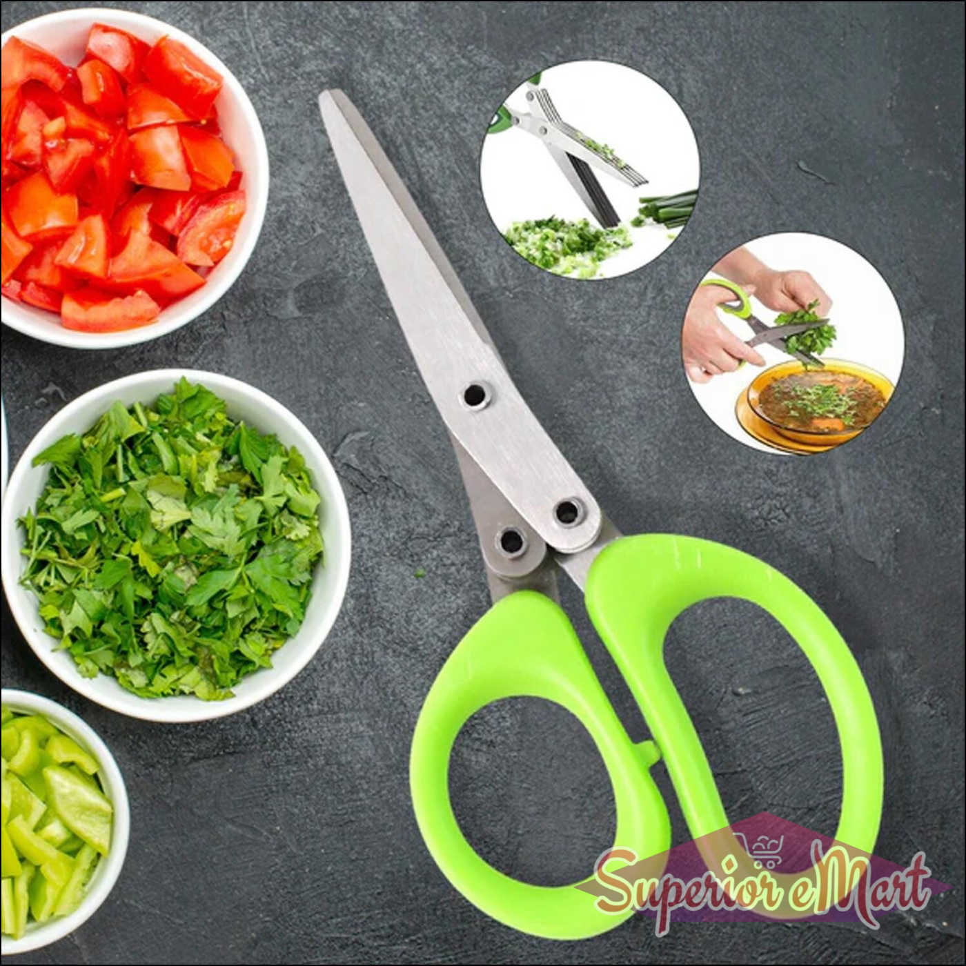 5-blade kitchen scissors with green handles, ideal for slicing herbs and vegetables in the kitchen