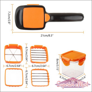 5-in-1 kitchen cutting tool with interchangeable blades and storage container for versatile food prep