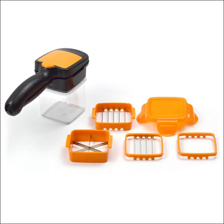 5-in-1 kitchen cutting tool with multiple interchangeable blades for versatile food preparation.
