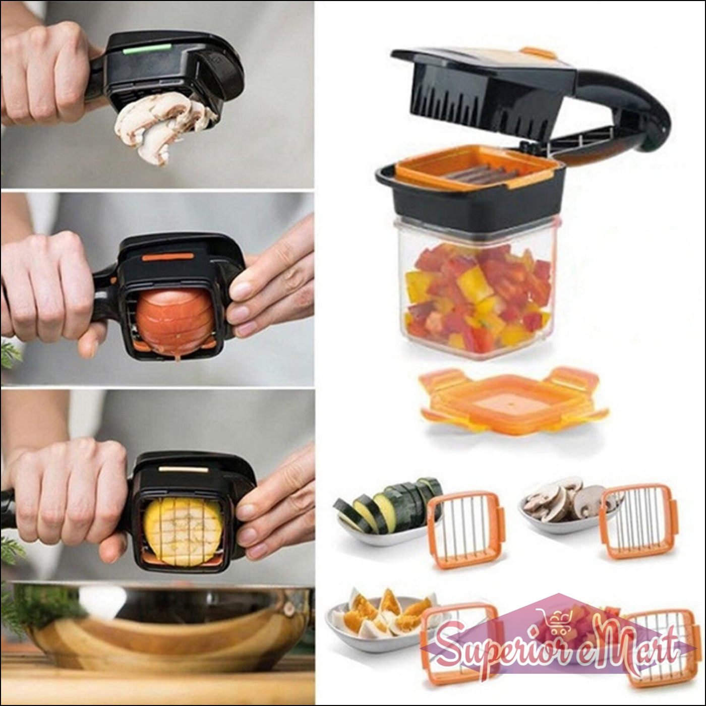 5-in-1 kitchen cutting tool for easy slicing, dicing, and chopping with multiple attachments and containers