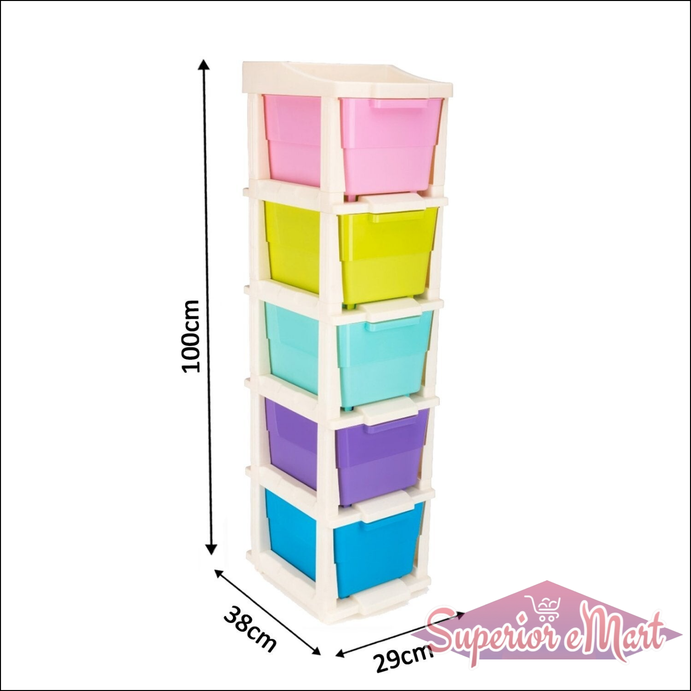 Superior eMart modular drawer storage system with six colorful bins in a tall, space-saving design