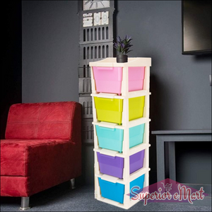 Colorful modular drawer storage system with six bins for organizing home and kitchen spaces