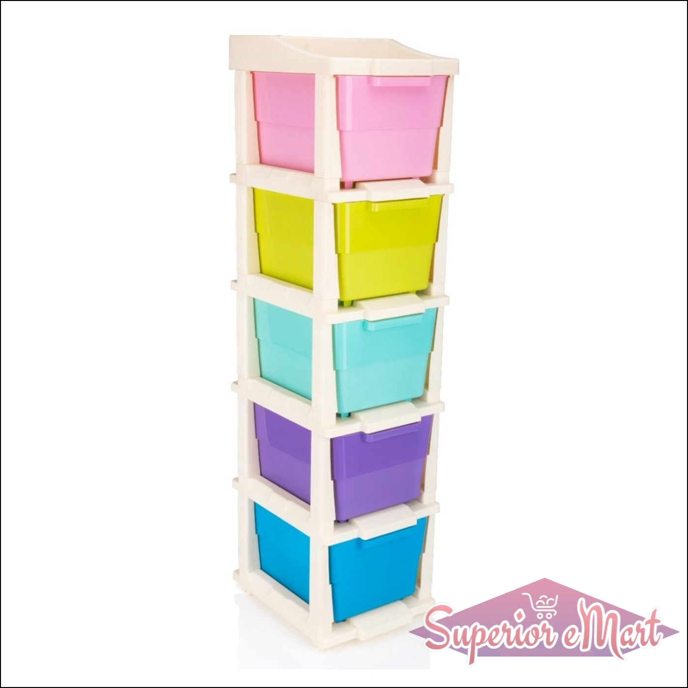 Colorful modular drawer storage system with six stacking bins for home organization