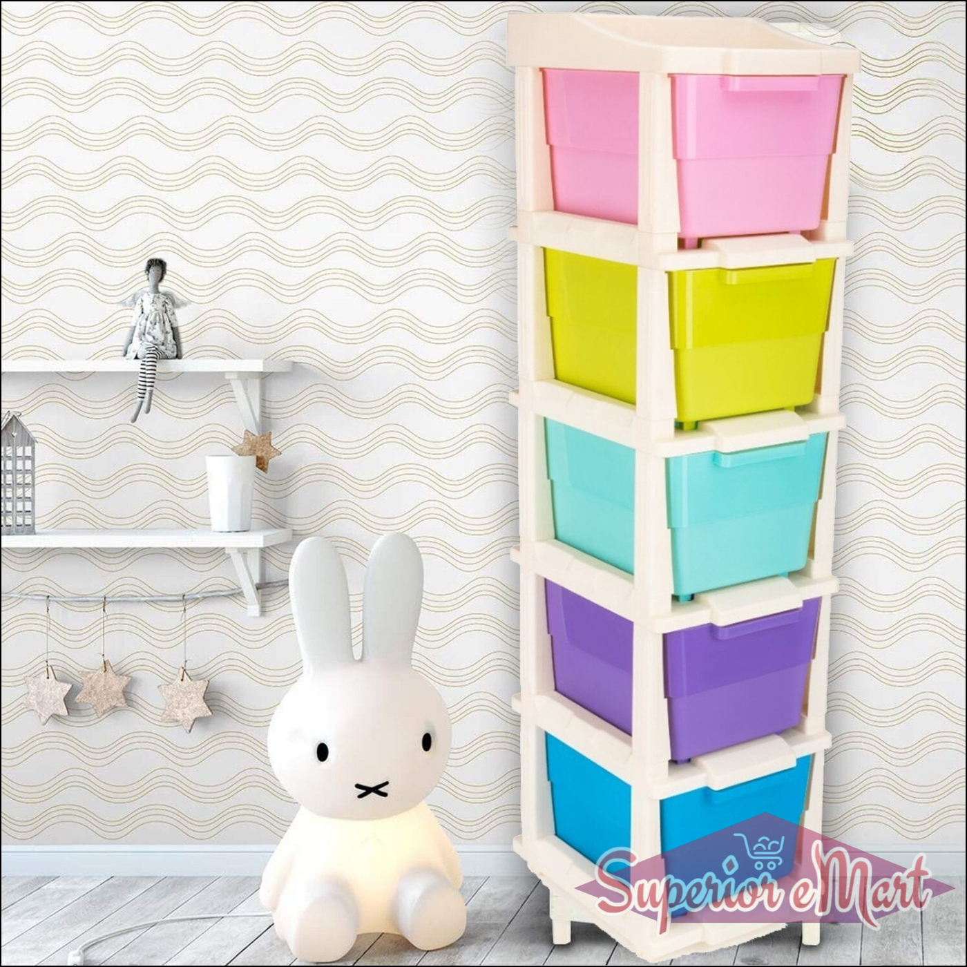 Colorful modular drawer storage system with multiple bins for organizing home spaces
