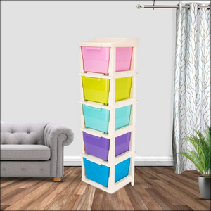 Colorful modular drawer storage system with stacked bins for organizing home spaces