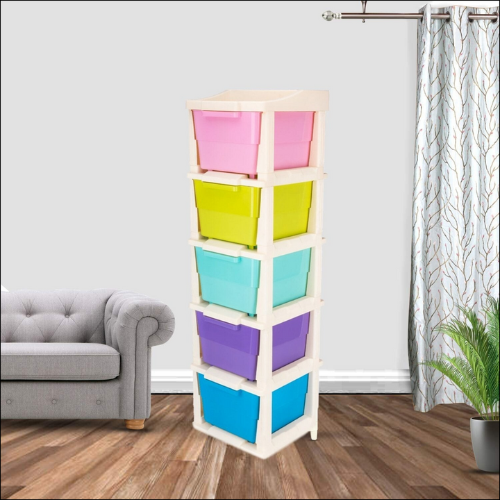 Colorful modular drawer storage system with stacked bins for organizing home spaces