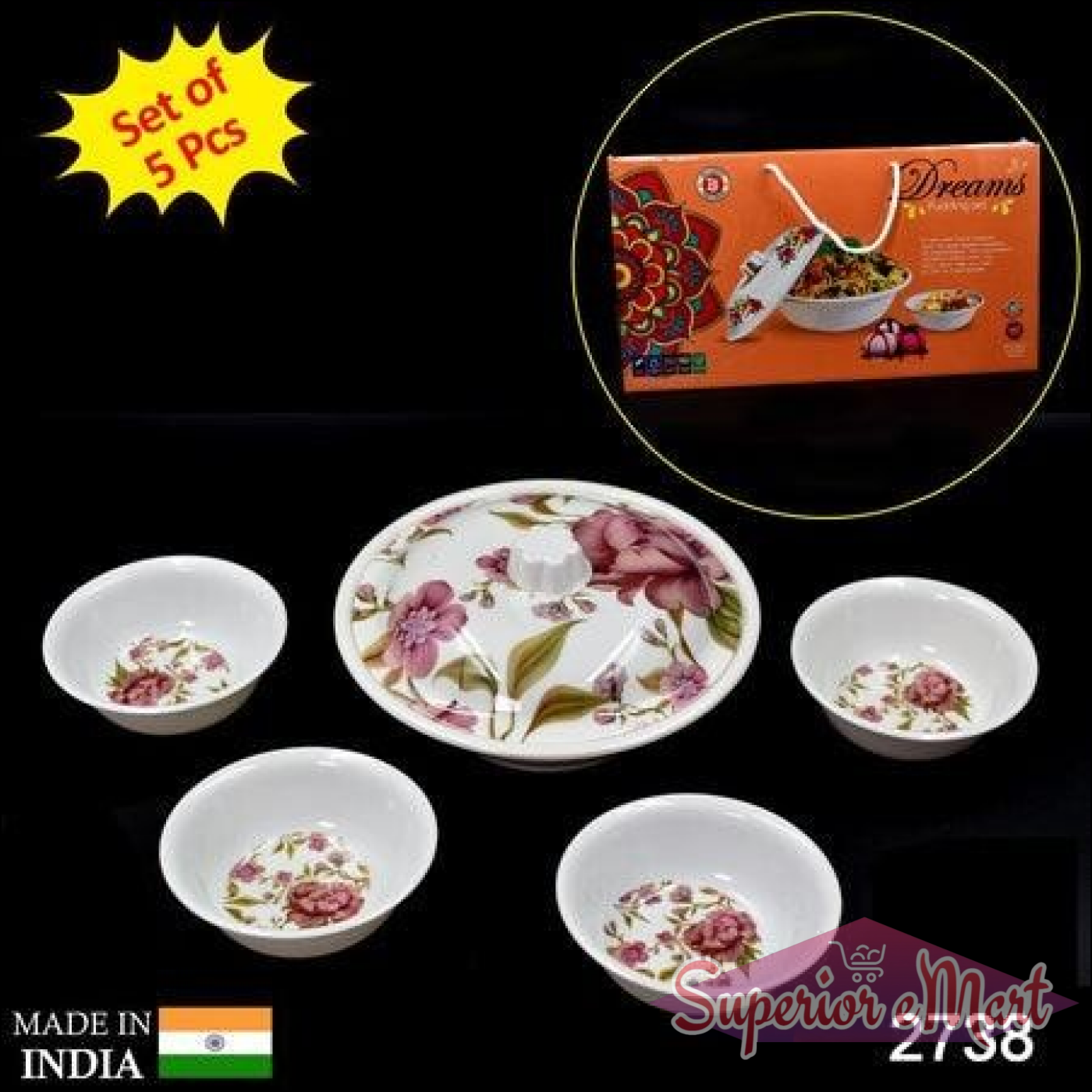 Elegant pudding serving set for home featuring five floral-design bowls and a serving platter