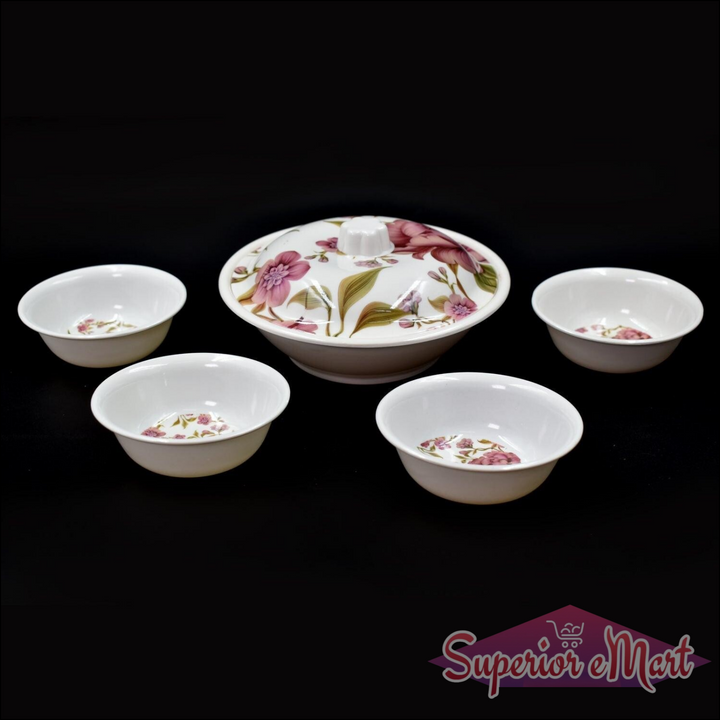 Elegant pudding serving set for home with floral design, including one large bowl and four small bowls