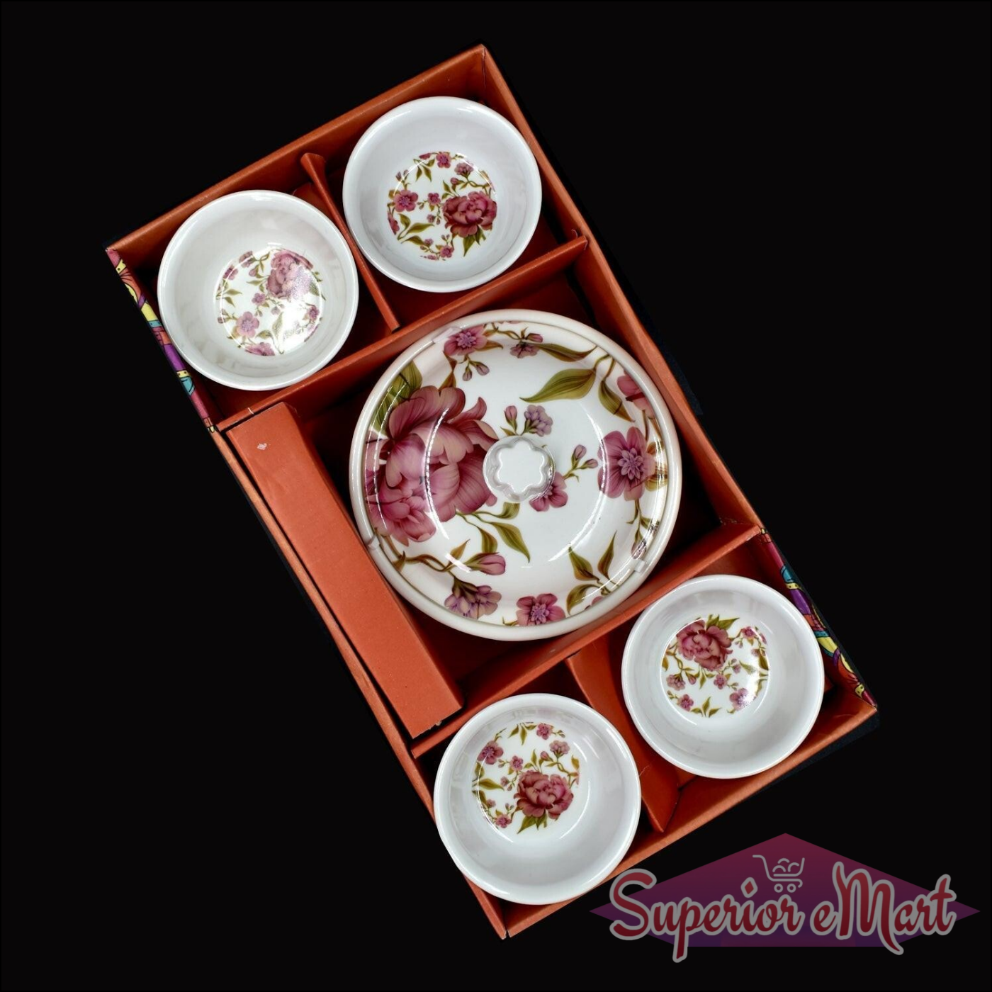 Elegant pudding serving set for home with floral design, includes one large dish and four small bowls