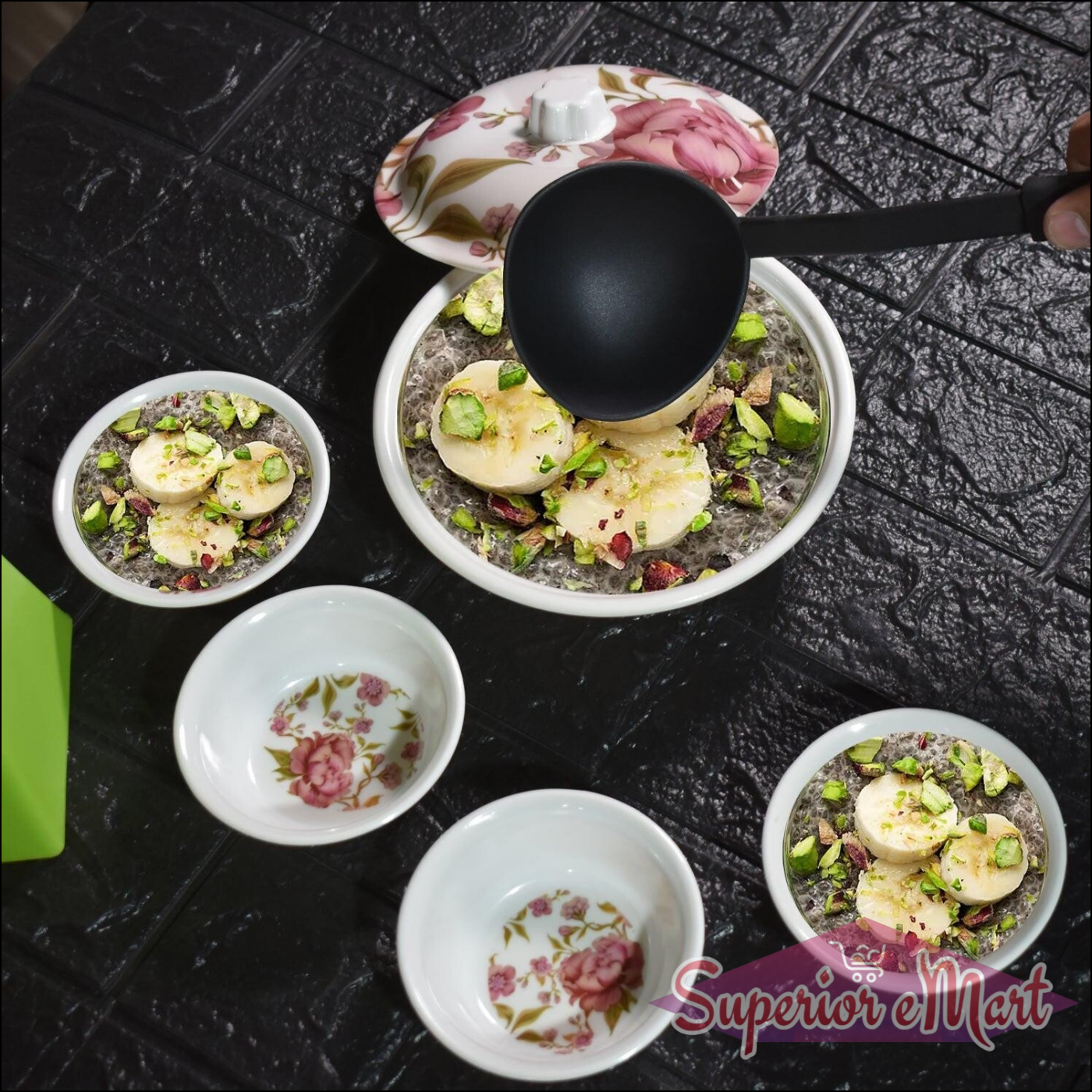 Elegant pudding serving set for home featuring decorative bowls and ladle for stylish dessert presentation