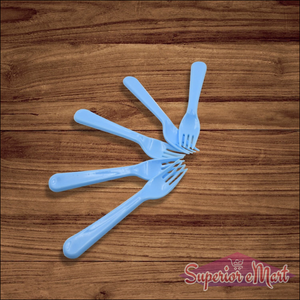 Set of five blue plastic serving forks for kitchen use, ideal for buffet and parties