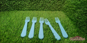 Set of five blue serving forks for kitchen, perfect for parties and everyday use.