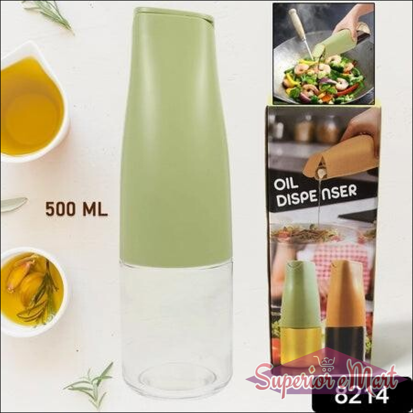 Automatic oil dispenser for kitchen in green and clear design with a 500 ML capacity for easy pouring
