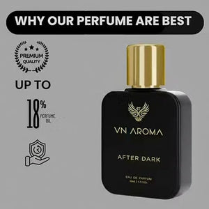 VN Aroma After Dark perfume in a black bottle with a gold cap, featuring "Up to 18% perfume oil" text.
