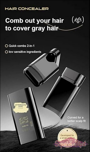 Three views of a black hair concealer wand with curved comb. Text: Hairdressing Wand. Covers gray hair.