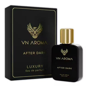 VN Aroma After Dark perfume: Sleek black bottle with gold cap next to its black and gold luxury branded box.