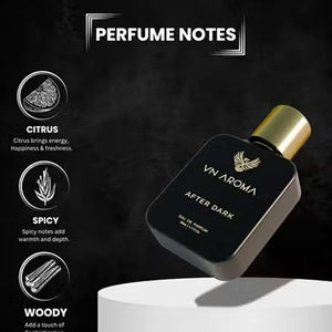 VN Aroma After Dark matte black perfume bottle with gold cap. Scent notes: Citrus, Spicy, and Woody.