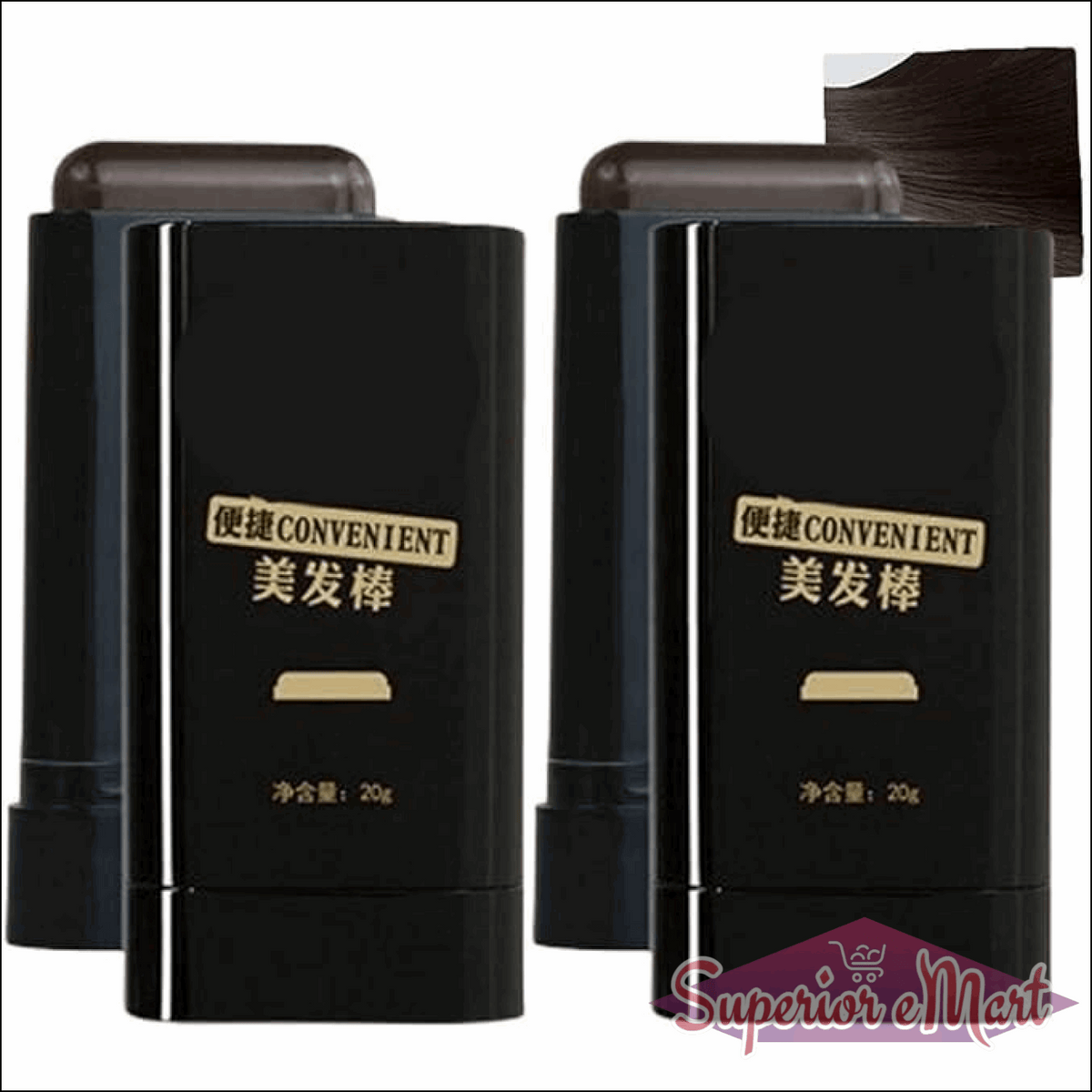 Two black 20g hair touch-up sticks with gold "Convenient" text and a dark brown hair swatch.
