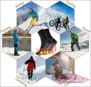 Black heated socks with flame graphics, shown for winter activities like skiing, cycling, fishing, and camping.