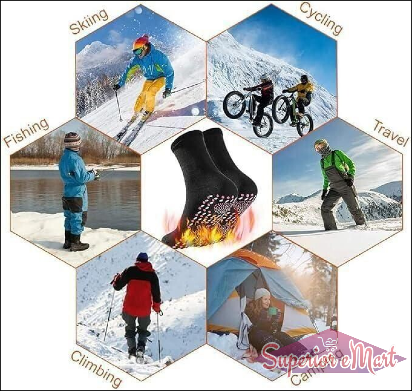 Black heated socks with flame graphics, shown for winter activities like skiing, cycling, fishing, and camping.