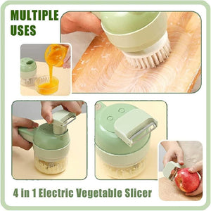 4-in-1 Electric Vegetable Slicer with multiple uses on a wooden surface