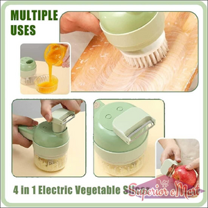 4-in-1 Electric Vegetable Slicer with multiple uses on a wooden surface