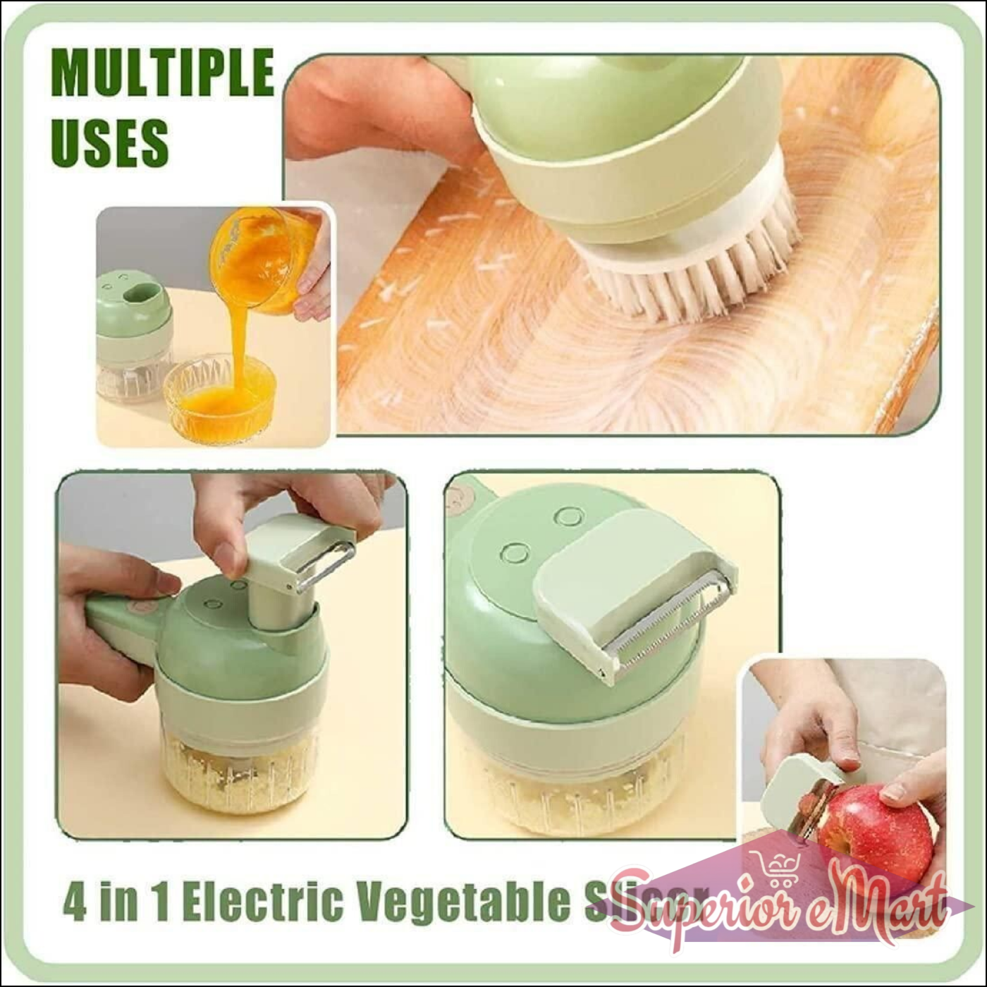 4-in-1 Electric Vegetable Slicer with multiple uses on a wooden surface