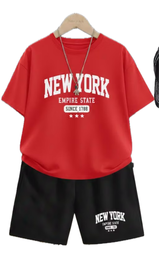 Vibrant boys printed short-sleeve top with round neck and matching printed shorts