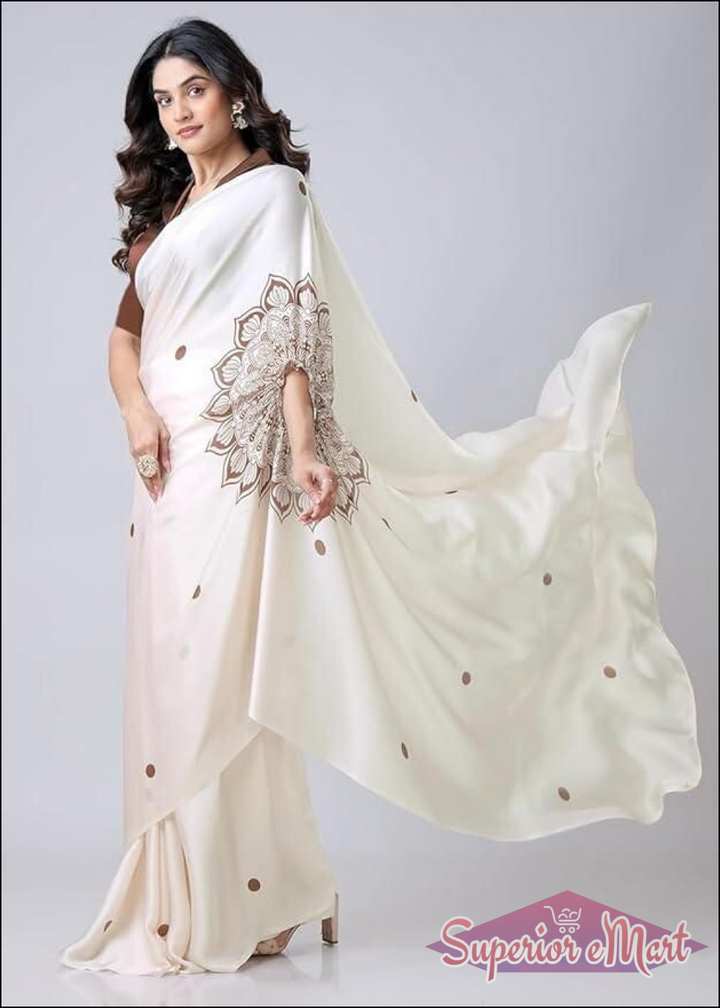 Off-white silk saree with brown mandala shoulder embroidery and polka dots, paired with a brown blouse.
