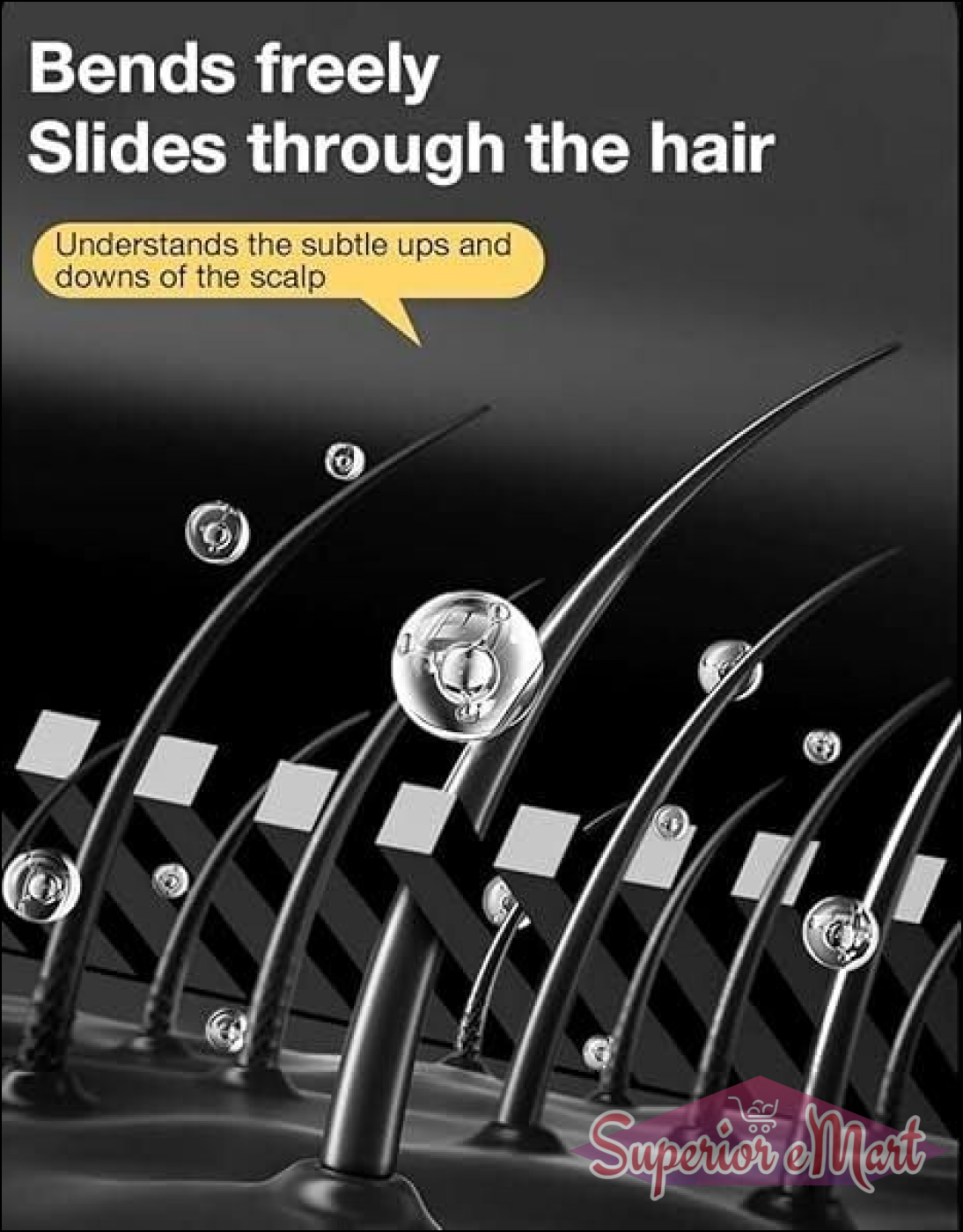 Flexible black comb teeth gliding through hair. Text: Bends freely, slides through the hair, understands the scalp.