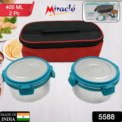 Miracle Carry Lunch Box Microwave Safe Lunch Box With Insulated Bag 2 Compartmen - 5588_ss_lunch_box_2pc_set_m138