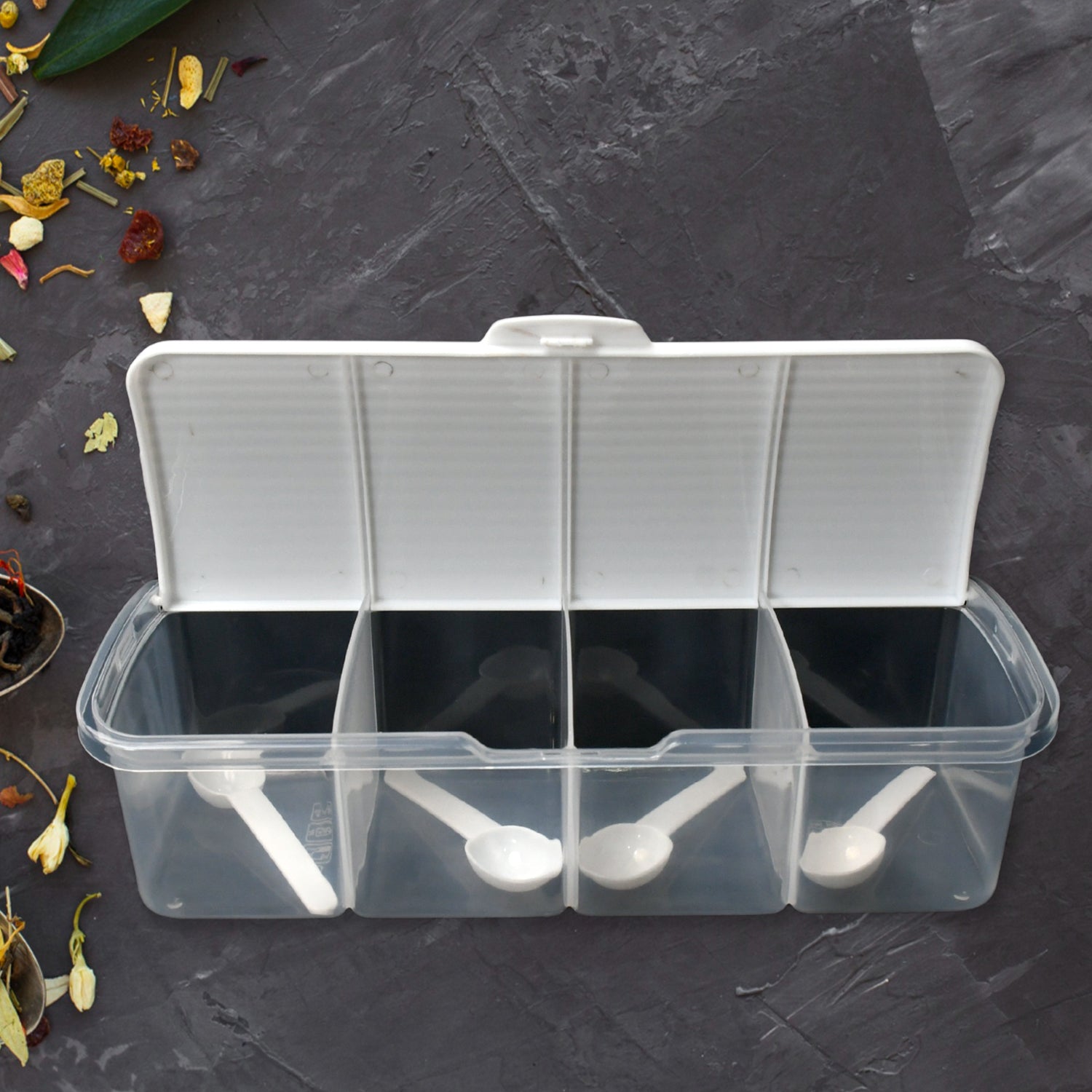 Kitchen multipurpose airtight 4-section storage containers, including a masala box, pickle (achar) jar, and four spoons for each section (1 set of mixed colors).