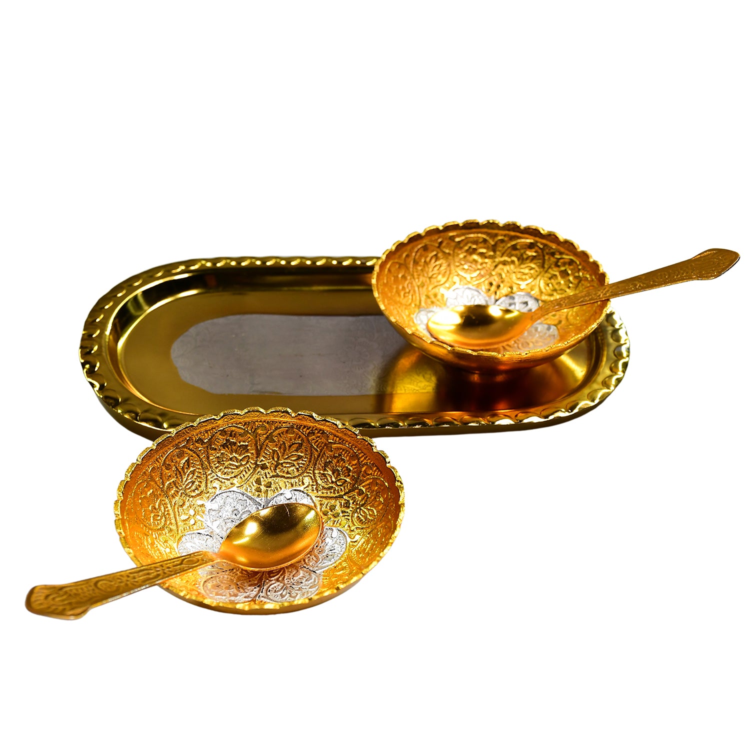 2 Bowl 2 Spoon Tray Set Brass With Red Velvet Gift Box Serving Dry Fruits Desserts Gift