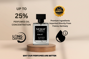 Nemat perfume bottle on a wooden platform with promotional text and graphics on a beige background