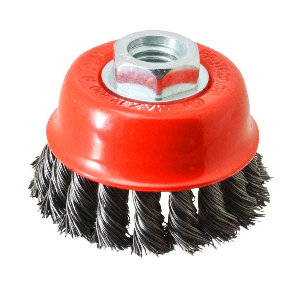 Black wire wheel cup brush for heavy-duty cleaning.