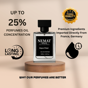Nemat Aqua Clear 50ml perfume on wood stand. Features 25% oil, long-lasting, and premium imported ingredients.