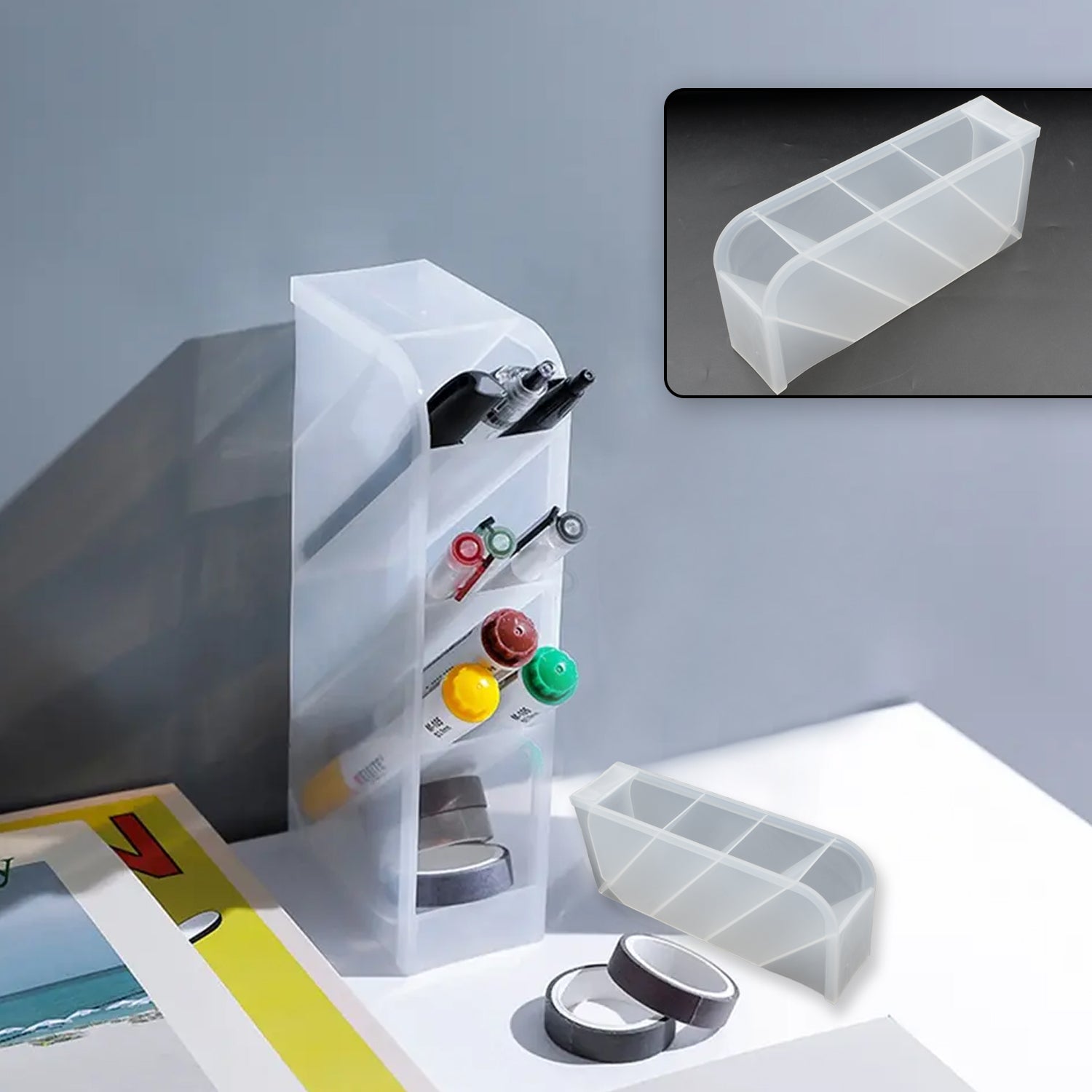 Plastic 4 Compartment Office Desktop Storage Box, Pen Pencil Stand/Holder Statio - 4384_4comp_desktop_storage_box